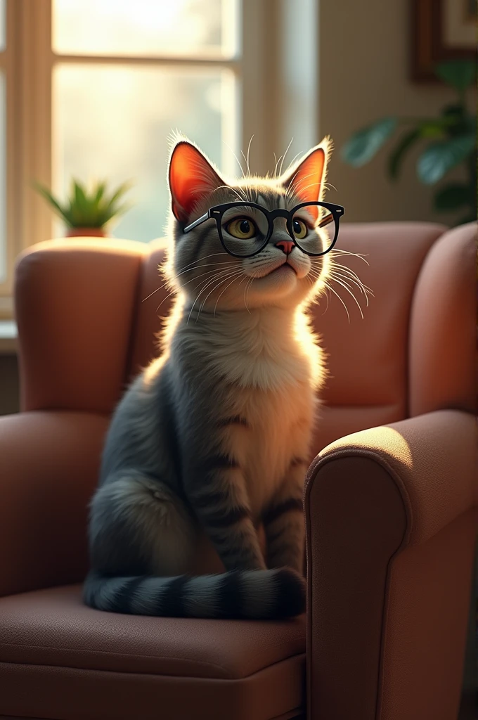 A cat sitting on a chair with glasses, looking towards the horizon. Text: "When you realize that life is just a series of naps".


