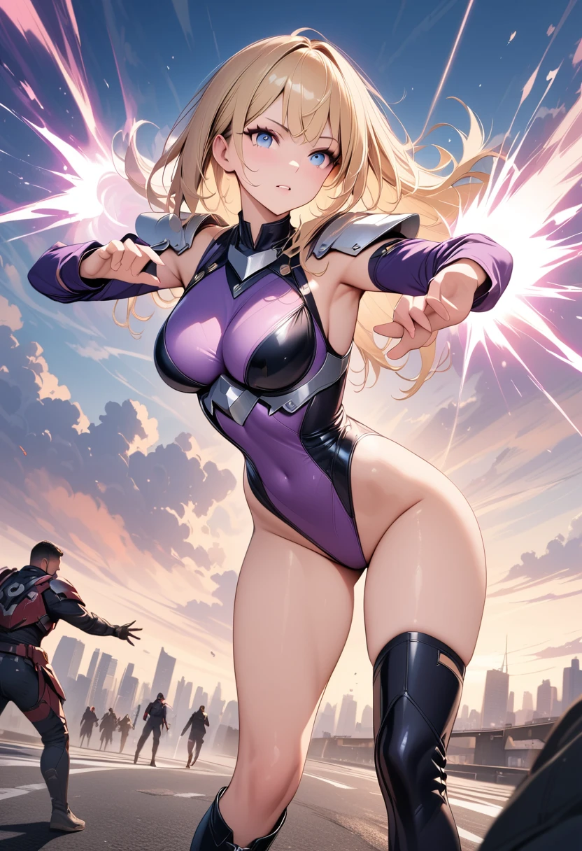 ((best quality)), ((masterpiece)), ((ultra realistic)), (dynamic heroic pose), atheletic woman, super hero, beautiful detailed face, detailed eyes, ((dressed in a purple leotard with black accents)), purple face mask, large city backdrop, highly detailed, professional, bare legs, full body), action pose, focusing large energy blast, standing, ((long blonde hair)), blue eyes, matching thigh high boots, ((purple long sleeves)), ((metal armor)), ((matching pauldrons)), tight hero belt, (perfect hands), solo, solo focus, heroic