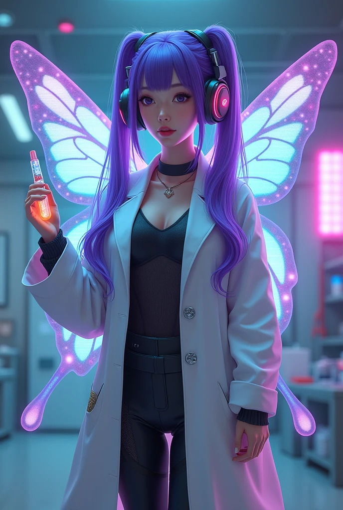 Mulher borboleta de cabelo roxo coreana de fone de ouvido com short roxo eHere is a detailed prompt for creating an image:

"A Korean woman with long, purple hair styled in two pigtails (Maria Chiquinha) stands confidently. She is depicted as a butterfly-themed figure with delicate, iridescent wings extending from her back. She wears a sleek, form-fitting scientist's outfit with a sexy twist, featuring a lab coat that is slightly open to reveal a stylish, tech-inspired bodysuit underneath. The woman also sports a pair of futuristic headphones. In one hand, she holds a syringe with a glowing liquid inside, giving off a sense of mystery and power. The background should be a blend of high-tech lab elements mixed with ethereal, butterfly-themed details, creating a fusion of science and fantasy." preto 