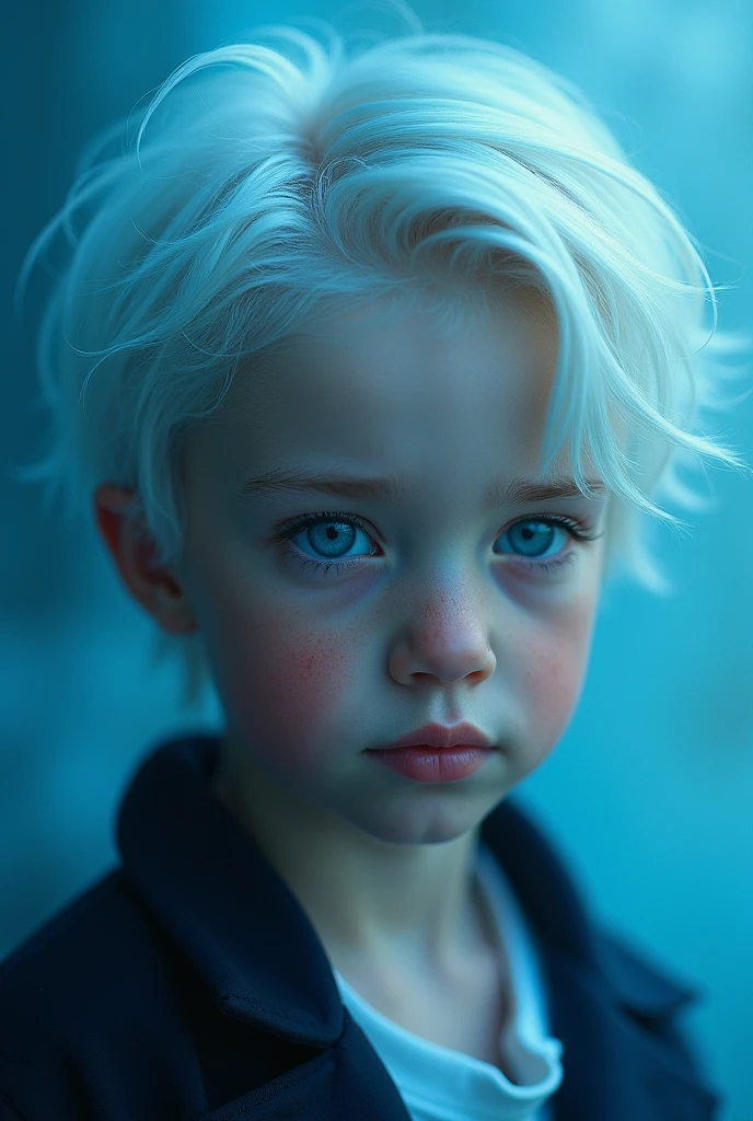 1 boy, appealing, clear pupils, White hair, skin fair, unsmooth skin, simple background, portraite, blue light, masculine, 