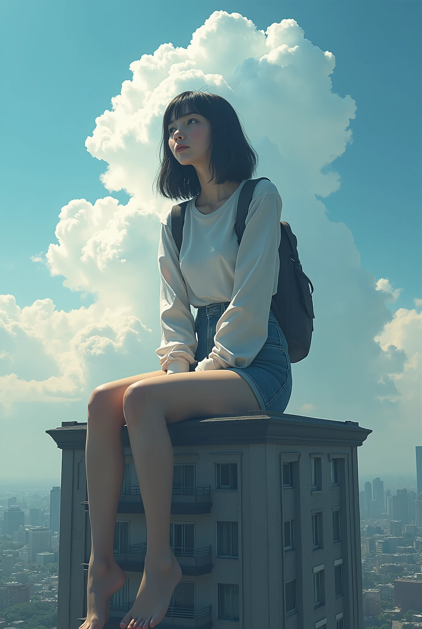 A giant high school girl sitting on a multi-tenant building、Clear skies、Shot as if looking up from below、Wide-angle lens、Real、cumulonimbus。