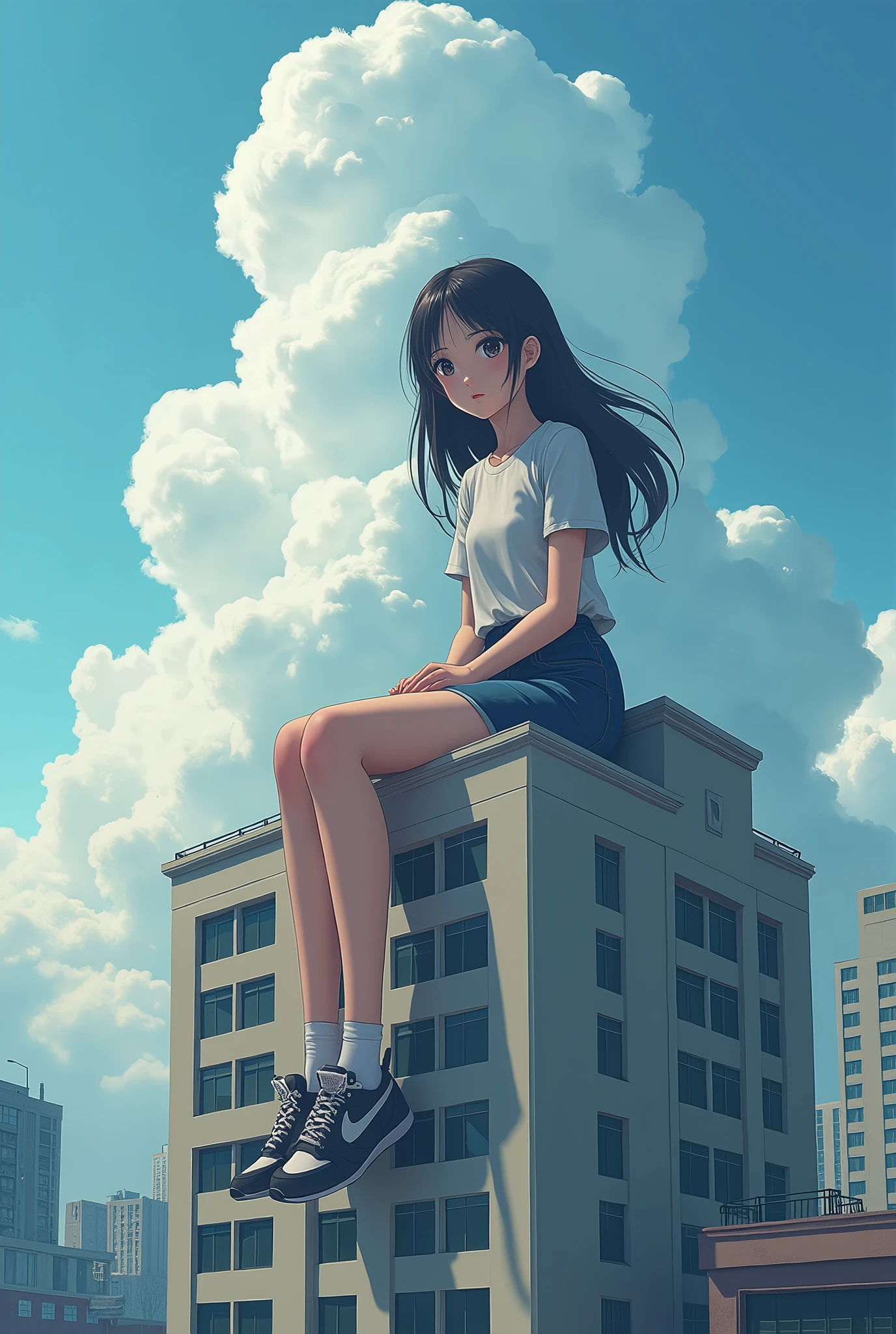 A giant high school girl sitting on a multi-tenant building、Clear skies、Shot as if looking up from below、Wide-angle lens、Real、cumulonimbus。