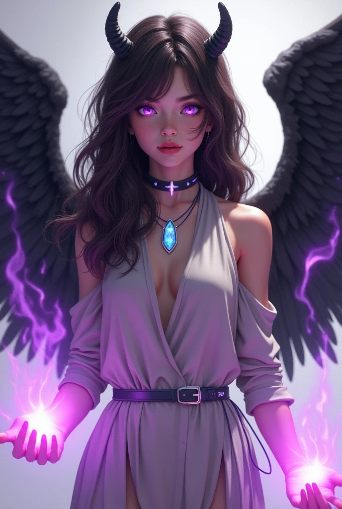 r with long, semi-wavy dark brown hair, thin and almond skin, purple and blue eyes, purple magic through her hands, in agent suit/superhero and neutral colors with certain lilac tones, with black angel wings, small black horns, with a light and small stone as a necklace in light blue with purple