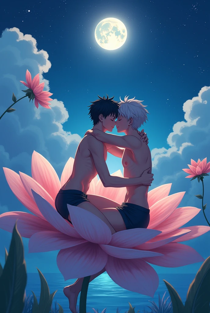Two male teenagers are sitting on a giant flower they are only wearing boxer shorts they are kissing the sky is at night and his is glowing and she is in the sea the image has to be in anime