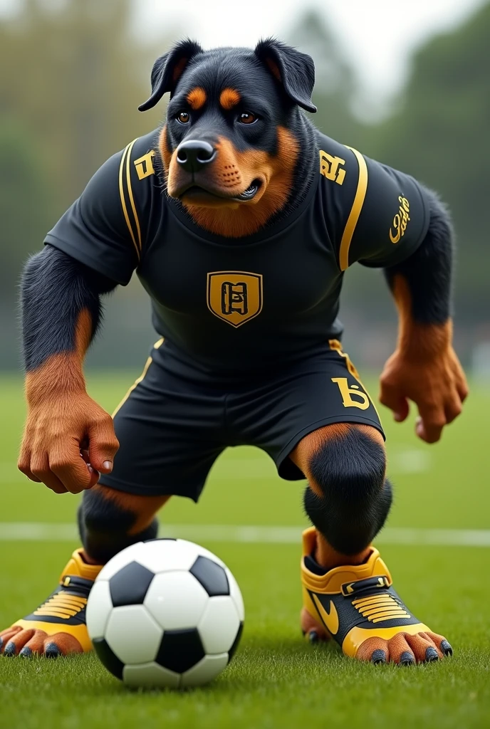 A Rottweiler with soccer shoes as a mascot for a soccer team in a black and gold uniform with a ball at its feet