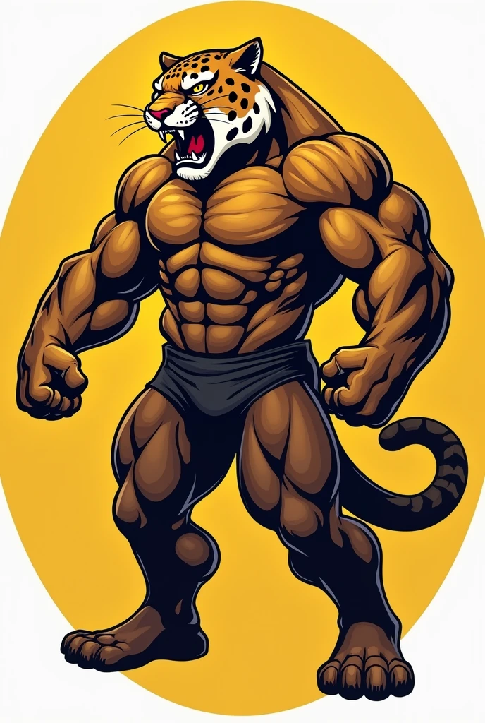 create an illustration for university athletics, use the size accepted for graphics. The frame border needs to be circular, yellow in color, Inside the frame, put an anthropomorphic and hypertrophied brown jaguar, centralized, From the waist up, the left arm must be flexed, displaying the muscles, the right arm stretched out, the expression is one of ferocity, aggressiveness, showing teeth, in a way that demonstrates grandeur, make her hairy.