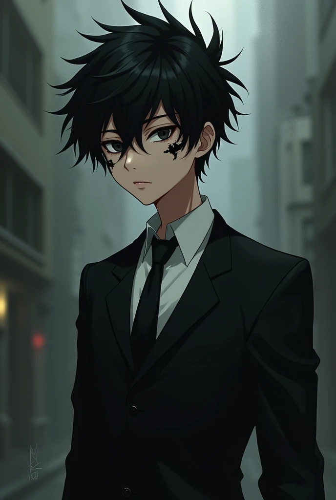 A skinny anime oc with black hair wearing a suit and with black spots on his face