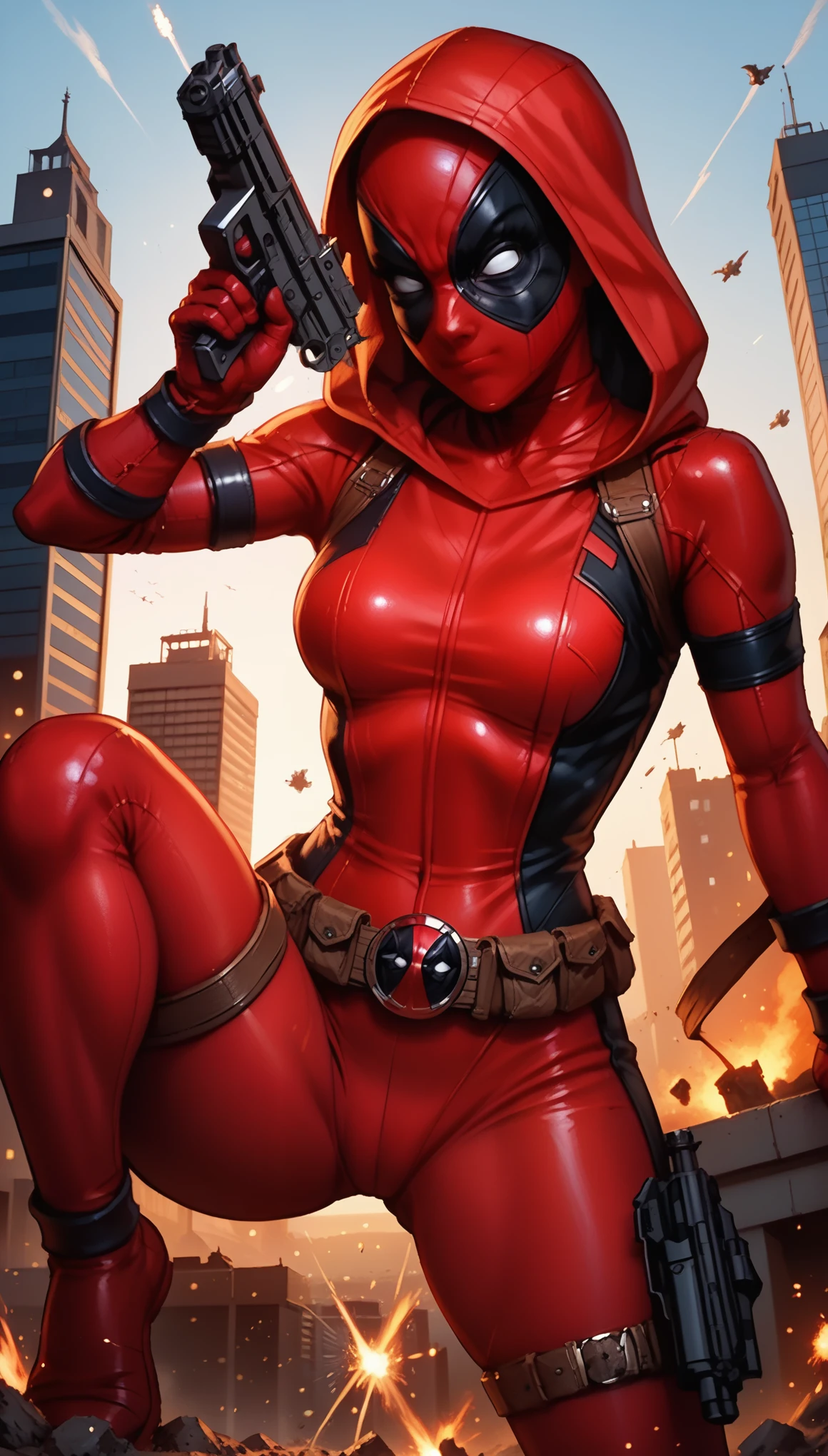 (LadyPool attacking:1), 1girl, (superhero, bodysuit, red leotard, belt, gun, hood:1), (red mask:1), looking at viewer, cute pose, leaning forward,
(detailed landscape,building, explosion:1), (dynamic_angle:1), (dynamic_pose:1.2),
(masterpiece:1.2), (best quality, highest quality), (ultra detailed), (8k, 4k, intricate),(full body:1), (Cowboy-shot:1.2), (50mm), (highly detailed:1.2),(detailed face:1.2), detailed_eyes,(gradients),(ambient light:1.3),(cinematic composition:1.3),(HDR:1),Accent Lighting,extremely detailed,original, highres,(perfect_anatomy:1.2),
