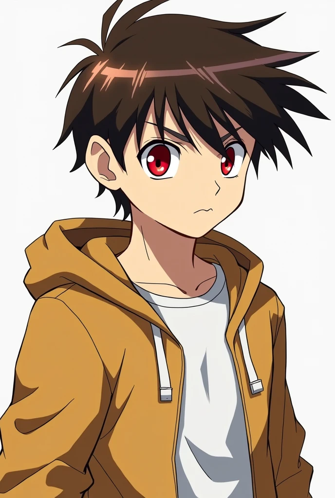 New character in detective conan his name is Kurosawa Kosho. A boy with red eyes, brown hair , white skin, have a mole under right eye, tall, trained by the black organization. The 2D drawing in conan hair has a V-shaped line on the left side of the bangs. Wear a white t-shirt with a brown-yellow hoodie on the outside