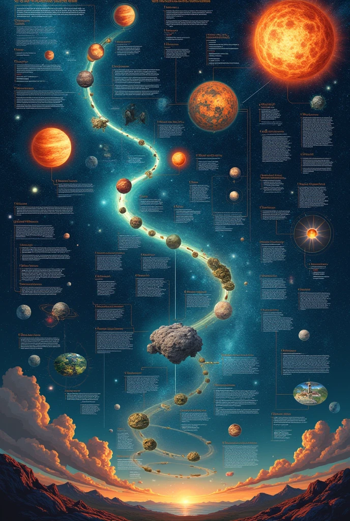 Make a timeline summarizing all the events from the origin of the universe to human evolution, organize the information in chronological order and graphically show the main processes that have occurred (aka use images/drawings). with 25 events and make de information visible and in cronológical order
