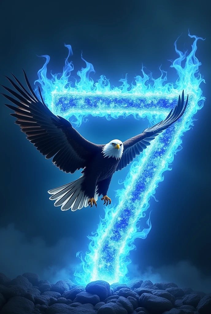 An eagle flying over the letter Y and the number 7 of blue fire