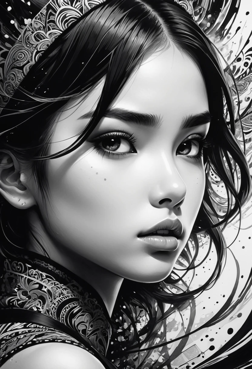 1girl, A girl in black and white ink drawing with hyperrealistic details and intricate patterns, captured in a mid-shot, showcasing dramatic expression and a 2/3 face angle. The artwork is characterized by bold and expressive brushstrokes that create a splash art effect. The image is of the highest quality, with a resolution of 4k or 8k, showcasing ultra-detailed features. It has a hyperrealistic, almost photographic quality. The art style is reminiscent of concept art, with a focus on capturing the essence of the subject. The contrast between black and white reflects a stark and impactful visual representation. The lighting is carefully crafted to enhance the intricacies and dynamic nature of the artwork.