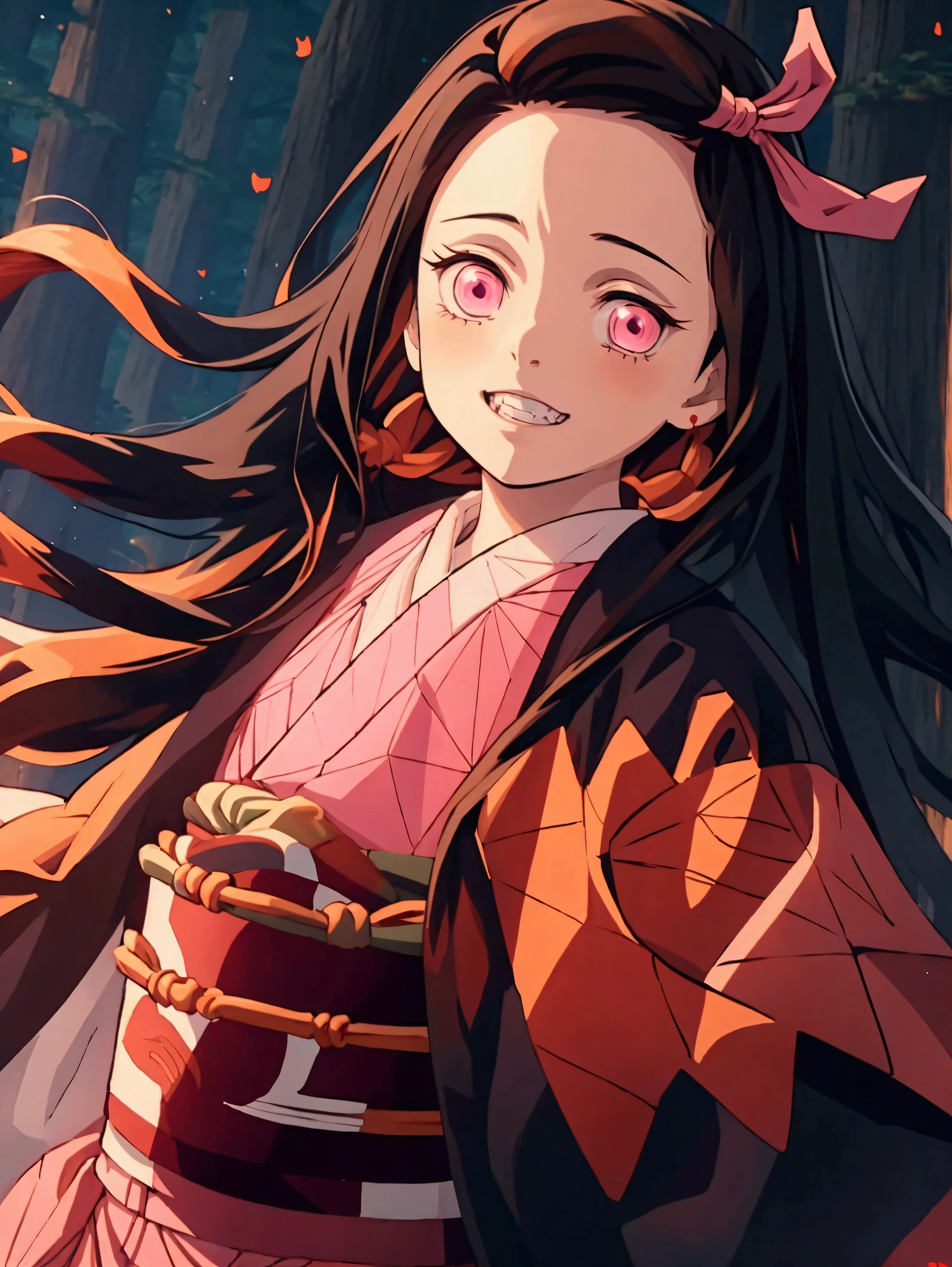 Masterpiece, vibrant colours, hd, high quality, highres, absurdres, nezuko, 1girl, brown hair, plaid belt, gradient hair, headband, haori, Japanese clothes, kimono, long Hair, looking at the viewer, multicolored hair, orange hair, pink eyes, pink kimono, pink ribbon, ribbon, solo, upper body, nezuko, sharp teeth
