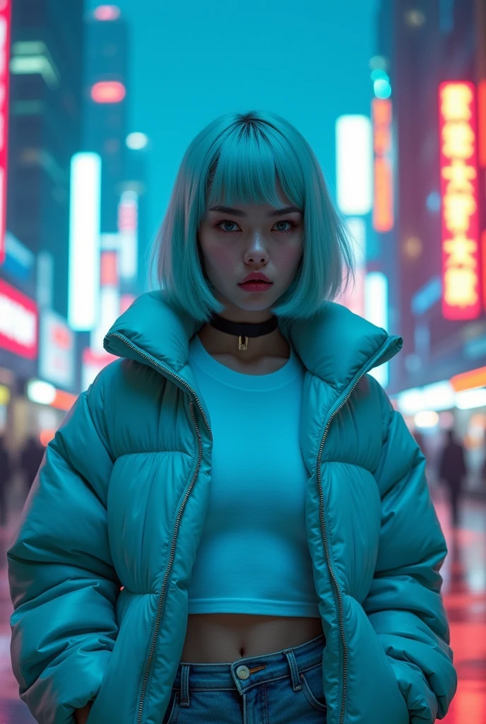 Couple boy
(1beautiful girl), (light mint blue hair),(bob cut hair:1.1), (blunt bangs), (squinting:1.7), (glaring:1.7), (open mouth), (vivit mint blue down jacket:1.2), 1, (white t-shirts), (dungareeint blue sneaker, futuristic cyberpunk style, standing, (just the Front view), (full body:1.1), ((night super futuristic cyberpunk city background))
INFO