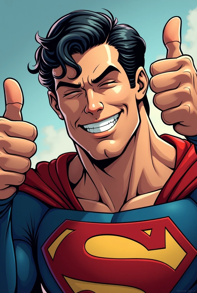 Superman stylized character, comics, Very detailed, 8k,Teeth are visible、smile、sedang mencuci piring,Looks like they're having fun、Thumbs up pose、Close your eyes and laugh