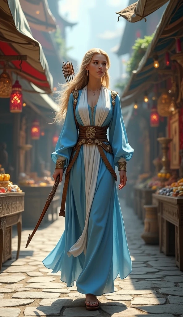 Full body portrait. A very beautiful elven woman carrying a bow and arrow wearing blue and white clothes, walking in the middle of a large marketplace in an elven village. The background of the elven village market selling various beautiful items. This scene is a very detailed and professional 3D digital art