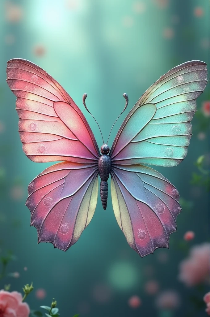 Beautiful butterfly, half pink and the other half aqua green with silver details