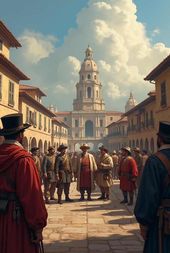 Group of founders gathered in a square during the conquest of America