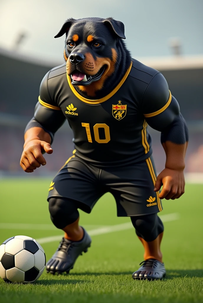 A Rottweiler with soccer shoes as a mascot for a soccer team in a black and gold uniform with a ball at its feet