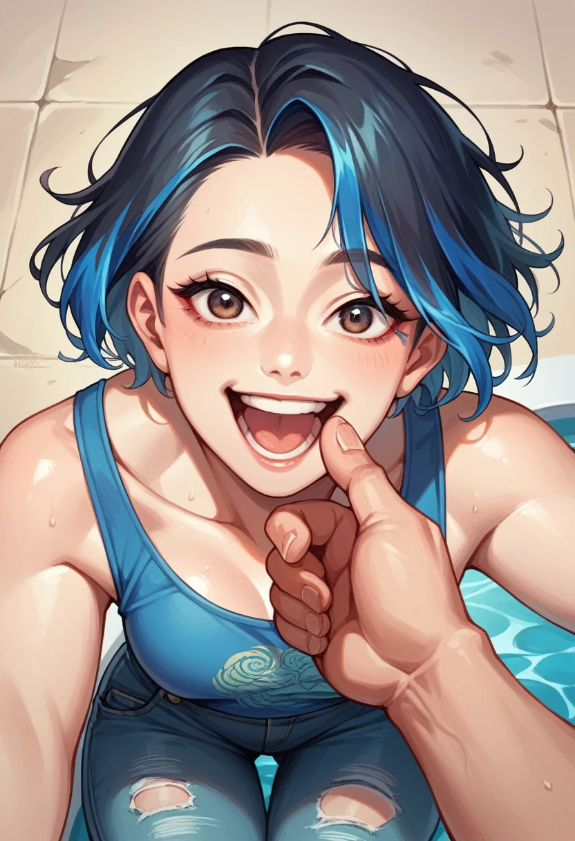a very beautiful woman with long black hair with red and blue highlights wearing a blue shirt, Mini year, laughing putting his hand into ripped jeans of a handsome Asian man, above the road luxury home swimming pool. Looking viewer