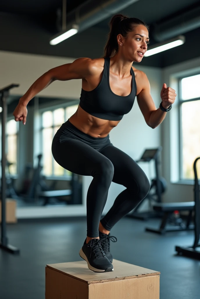 woman doing functional training on a box inside the gym