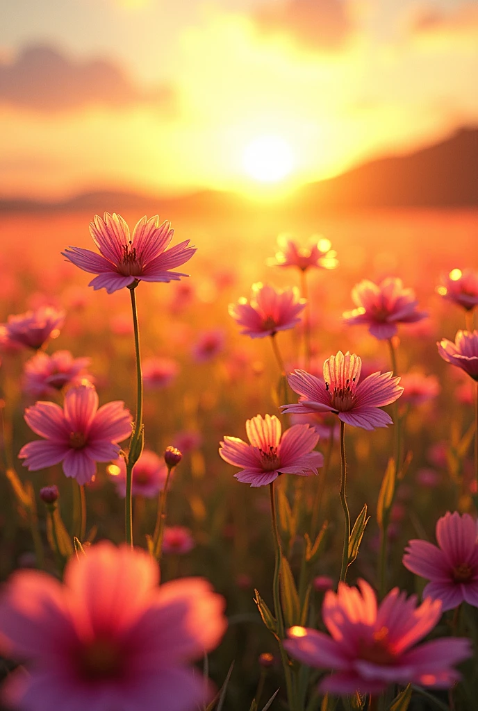 A field full of flowers that shine more against the sunset sun
