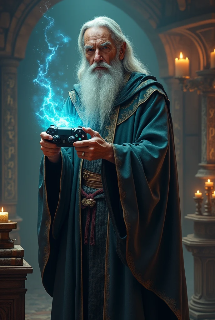 A wizard holding a game controller