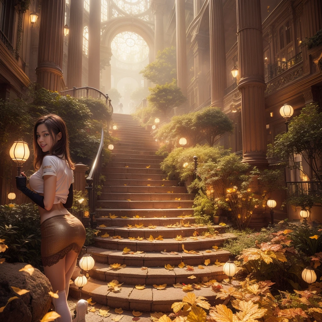 8k, masterpiece, RAW Photos, Highest quality, Realistic, extremely detailed CG unity 8k wallpaper, Depth of written boundary, Cinematic Light, Lens flare, Ray Tracing, (Very beautiful face, Beautiful Lips, Beautiful Eyes), Exquisitely detailed face, ((Highly detailed skin)) One girl, In the Dark, Deep Shadow, Cute Asian Girl, 1 girl, (Very slim slender fit-muscled body:1.3), ((View your viewers)),(Big smile:1.3), (Short skirt ), (white mini skirt ), (mini skirt ), pantyhose, Clear Eyes, walk , Front shot, (Pale skin), (Big eyes), Look forward, ((Big shirt)), (Brown Hair), (View your viewers:1.3) Very slim, Medium chest, (Camel Toe), Thick thighs, Lace Stockings, sunny, Back view, Cheerleading Clothes、Surrounded by shining gold bars