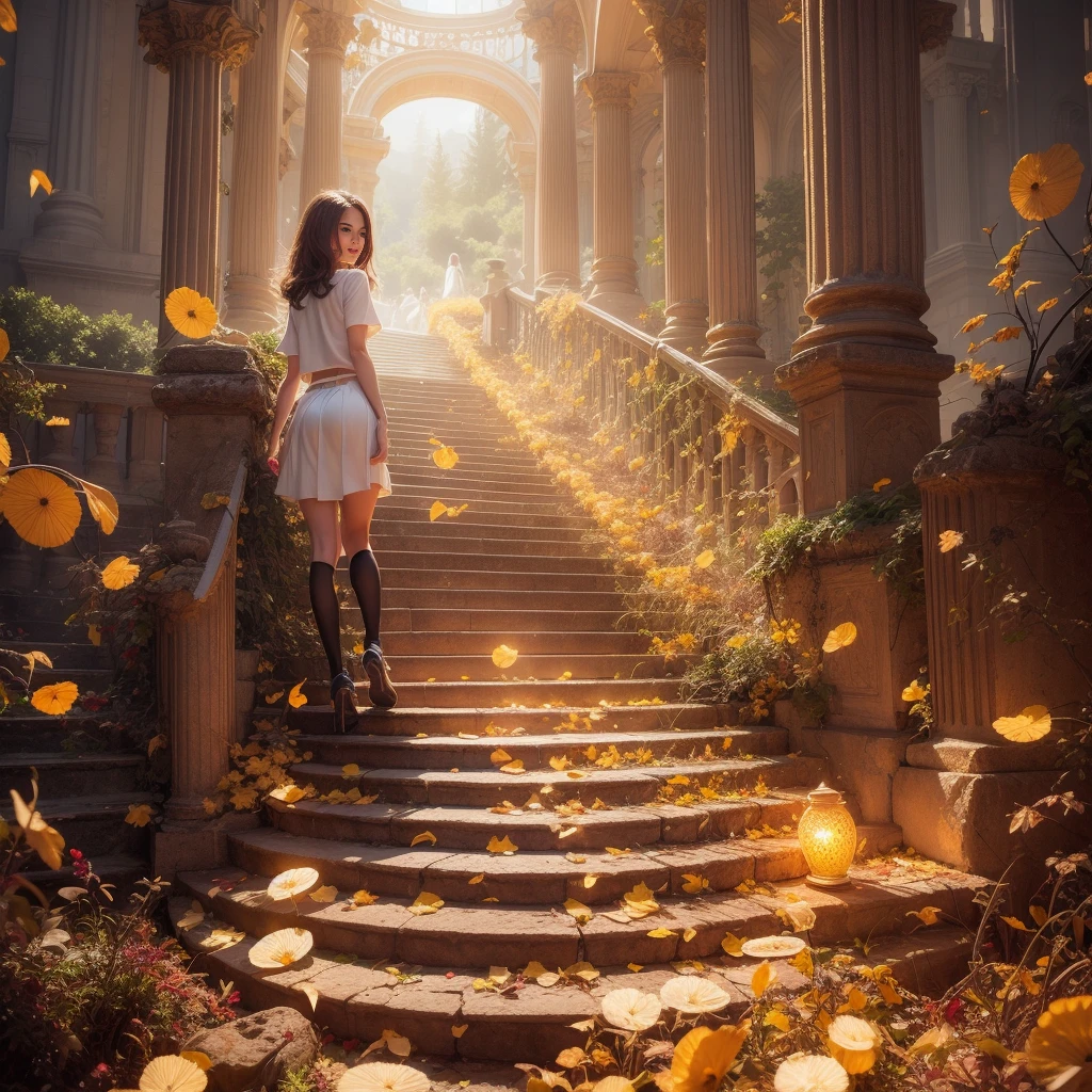 8k, masterpiece, RAW Photos, Highest quality, Realistic, extremely detailed CG unity 8k wallpaper, Depth of written boundary, Cinematic Light, Lens flare, Ray Tracing, (Very beautiful face, Beautiful Lips, Beautiful Eyes), Exquisitely detailed face, ((Highly detailed skin)) One girl, In the Dark, Deep Shadow, Cute Asian Girl, 1 girl, (Very slim slender fit-muscled body:1.3), ((View your viewers)),(Big smile:1.3), (Short skirt ), (white mini skirt ), (mini skirt ), pantyhose, Clear Eyes, walk , Front shot, (Pale skin), (Big eyes), Look forward, ((Big shirt)), (Brown Hair), (View your viewers:1.3) Very slim, Medium chest, (Camel Toe), Thick thighs, Lace Stockings, sunny, Back view, Cheerleading Clothes、Surrounded by shining gold bars