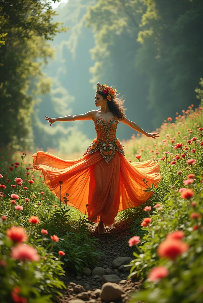 Photoshot of a beautiful woman wearing a dress full of flowers and wearing a mah kota dancing in a forest valley that is very green and strewn with beautiful flowers.