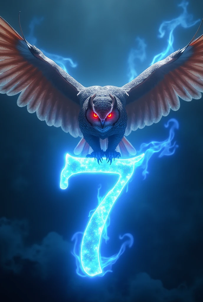 A red-eyed owl, flying over the letter Y and the number 7 of blue fire.