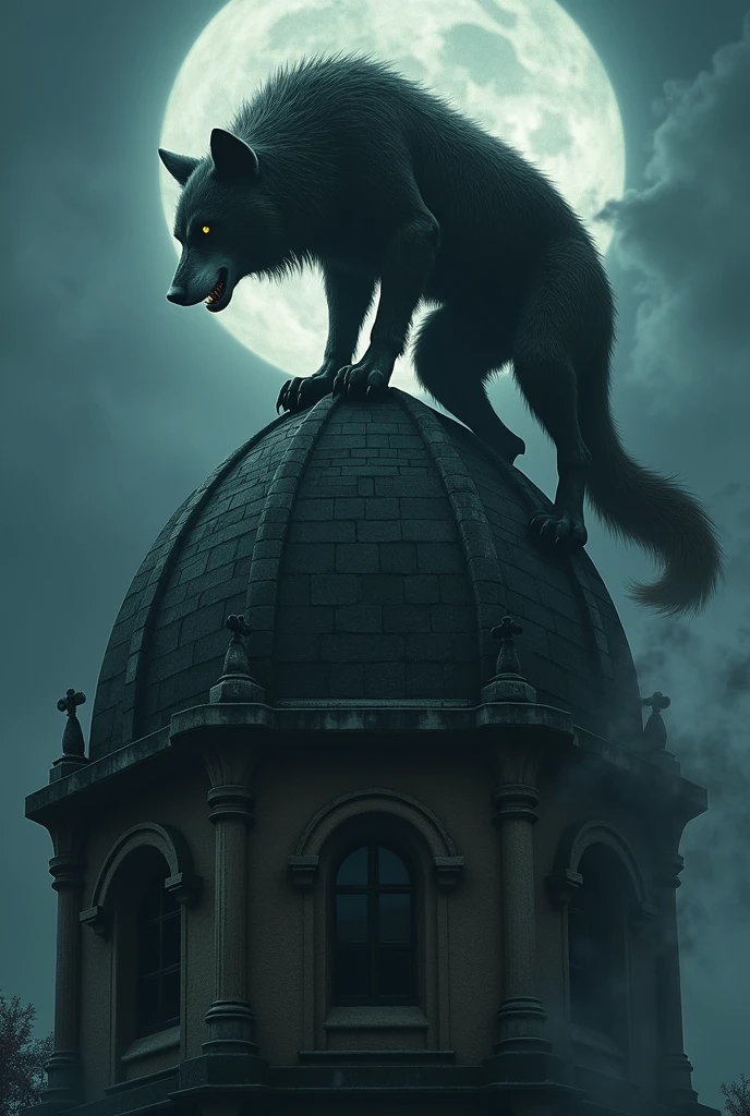 A werewolf perched on a church dome
