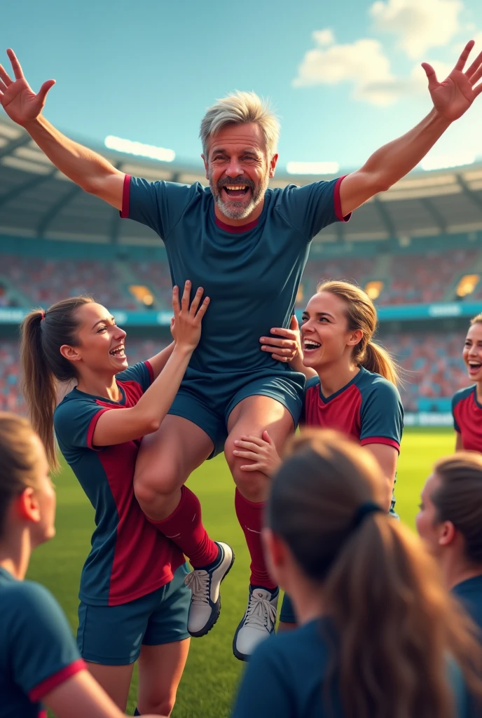 A british womans football match where the woman are carrying their male manager in celebration he is in his late 30s