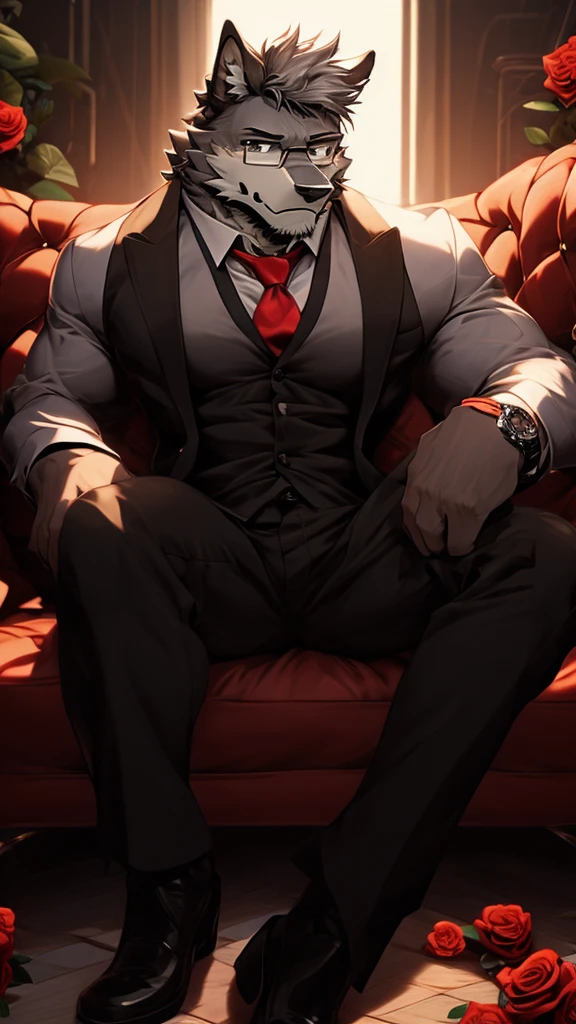 A Very Muscular Furry Gray Wolf. He is wearing A Black Pants with a belt And A Red tie And And a black suit. He have a frowny face. He is looking at you. He have A Gray Very messy hair. His right hand is on his leg And his left hand is holding a can. He is wearing a black glasses. He is sitting on the floor. He have a black gloves on his hand. He have A Watch on His Arm. He have a roses in his Shirt pockets
