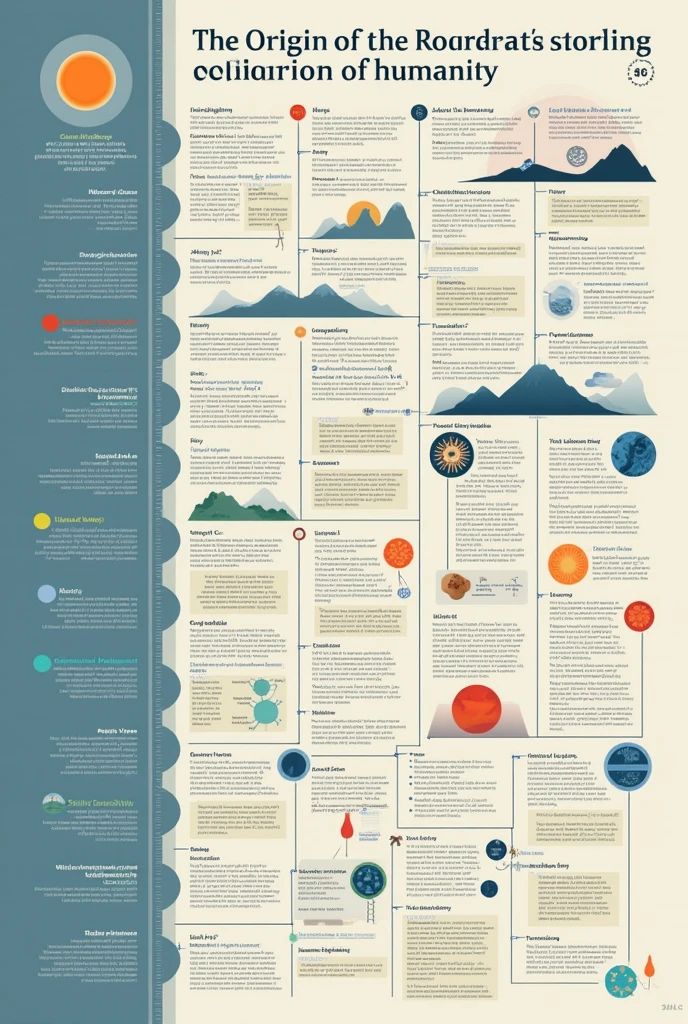 Make a timeline summarizing all the events from the origin of the universe to human evolution, organize the information in chronological order and graphically show the main processes that have occurred (aka use images/drawings). with 25 events and make de information visible and in cronológical order make the information bigger