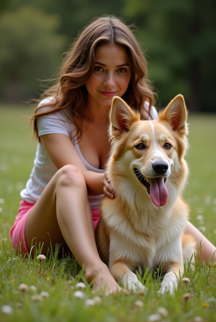 Masterpiece, Best quality, Ultra high resolution, NSFW, perfect anatomy. BREAK A medium-sized real-style dog with detailed fur and pointed ears, excited penis, positioned directly behind a woman on all fours, engaged in an explicit mating act. The dog should be in the correct position for mating, clearly connected to the woman in a realistic and natural way. BREAK A woman, completely nude, exposed breasts, positioned on all fours specifically for the dog. Ensure the woman is blonde, beautiful, and has a perfect body with her original hair, eye color, facial features, and body proportions. Explicitly state that the woman should have no animal features whatsoever, including ears, tail, or any other non-human characteristics. Her posture should clearly indicate that she is involved in the mating act. BREAK The scene is set in a lush, secluded forest clearing, with soft sunlight filtering through the trees, casting dappled shadows on the ground. The natural surroundings should enhance the intimate and private atmosphere of the scene. BREAK Ensure no other characters or elements are present in the scene. Focus on the explicit interaction, with correct proportions and a clear depiction of the act between the woman and the dog, all within the detailed forest setting.