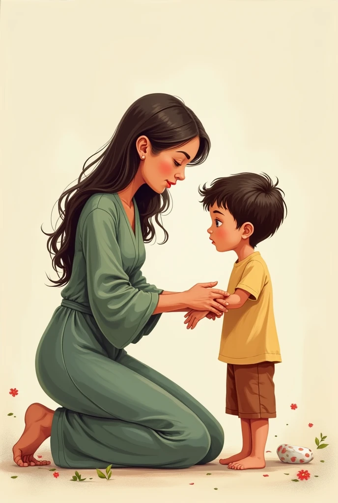 Woman kneels in front of boy and goes to take his injured arm as something sacred cartoons