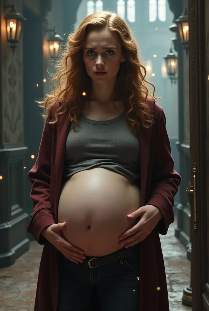 fanart of hermione granger played by emma watson in shock as she is now heavily pregnant with very big belly as a result of a spell 