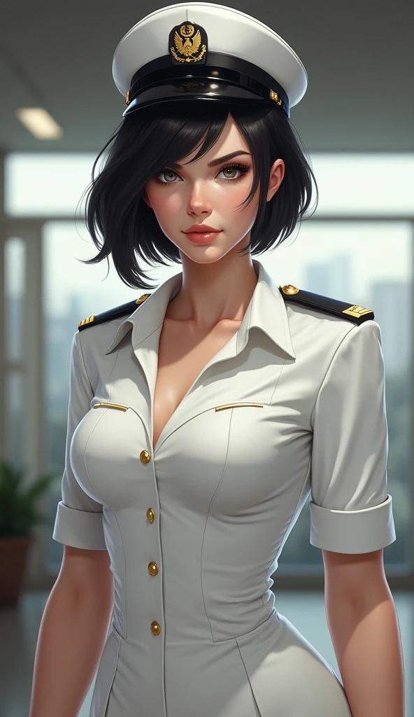 Dynamic Action,(Harry Clarke style:0.8),Character Concept Design,(Highest Resolution, clear_image) Best Quality, woman, Huge breasts,Exquisite small military cap,Wearing a military cap at an angle,Sexy Nose,A confident smile,masterpiece, Very detailed, Semi-realistic, Black short hair, Black Hair, bangs, Iris, 2, Shoulder-length hair, mature, Red lips, White clothes, White Uniform, uniform, army sergeant school, beautiful, heroic, heroic, Indoor Background, Delicate facial features, Delicate facial features,Dynamic Action,
