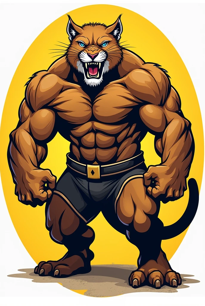 create an illustration for university athletics, use the size accepted for graphics. The frame border needs to be circular, yellow in color, Inside the frame, put an anthropomorphic and hypertrophied puma, centralized, From the waist up, the left arm must be flexed, displaying the muscles, the right arm stretched out, the expression is one of ferocity, aggressiveness, showing teeth, in a way that demonstrates grandeur, make her hairy.
