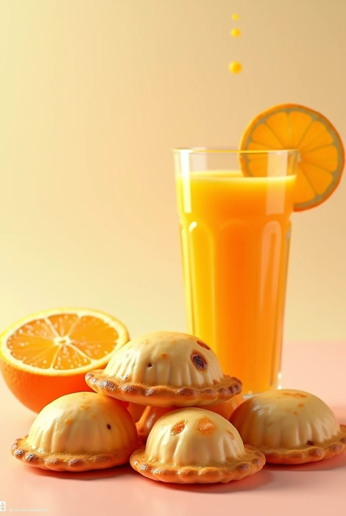 Poster with a picture of round empanadas and orange juice 10,00 reais 3D Third Year