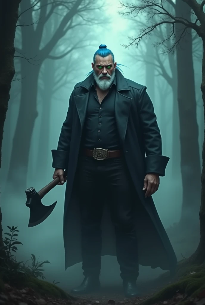 A handsome grandfather with blue hair and beard,with elegant black pants and shirt,bright green eyes,that is in a foggy forest,that has an axe,angry and scary looking and beardless and with a fancy bang
