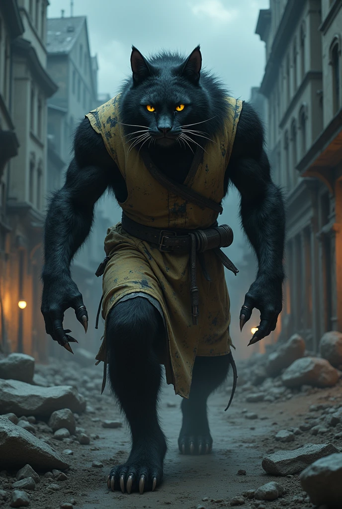 furry humanoid cat man with black fur, yellow eyes, big cat claws, Veterinarian's dress in the 1890s, thick build, high, stooped, gloomy, scratched, hurt. In the streets of an abandoned city at night. night sky, obscure, destroyed city, city attacked, hombre gato de apariencia high y stooped