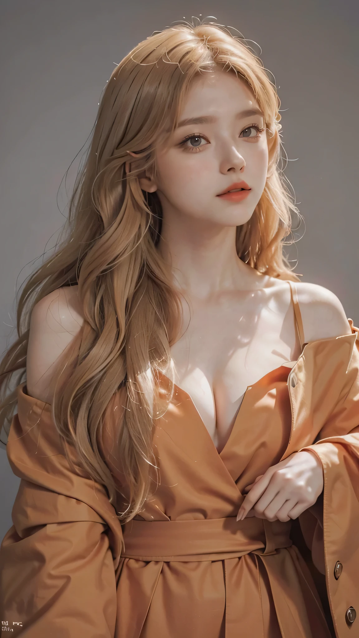 Girl wearing, luxury orange coat, shoulder length hair, wavy hair, glowing skin, star in eye, red lips, grey background, cute poses , upper body, light blonde hair.