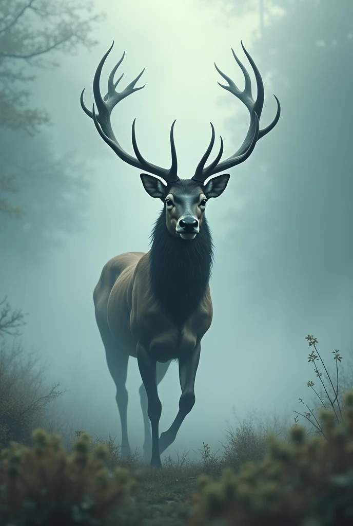 masterpiece、 Highest quality, Highly detailed、8k、 High resolution, The misty stag leaped lightly and vanished、