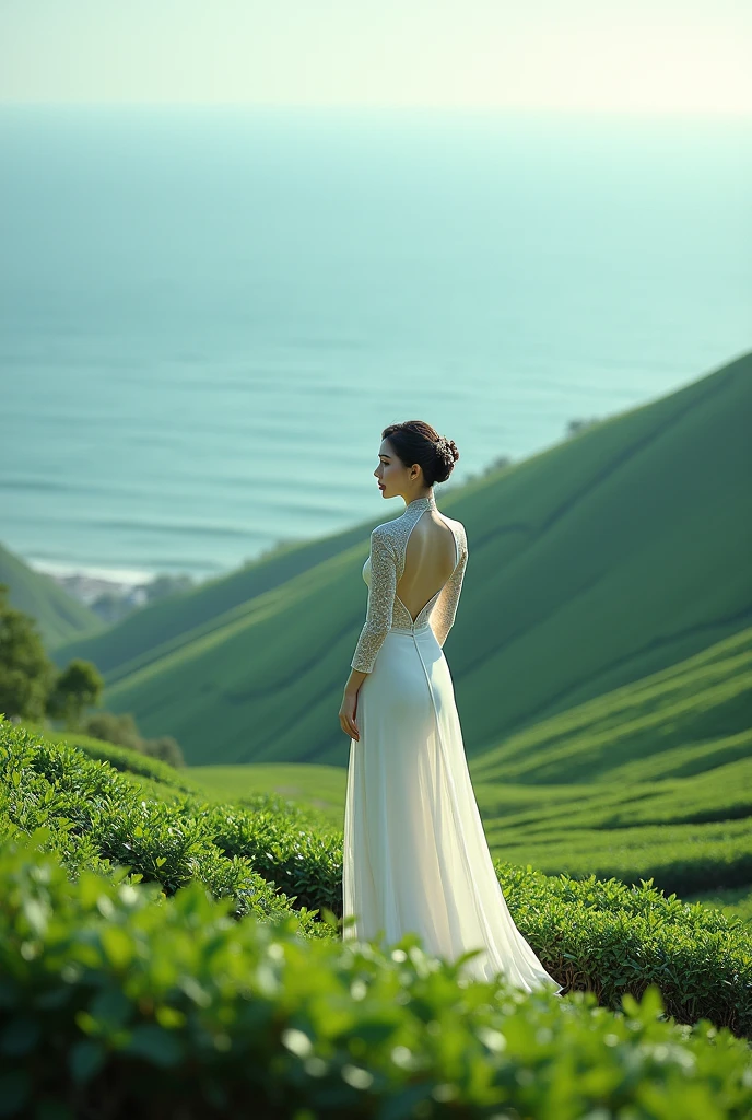 Vietnamese Ao Dai with the theme of tea hills by the sea