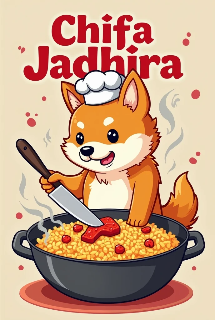 The logo of a chifa has “Chifa Jadhira” written on it and has the image of a cute Siberian dog in a pot full of fried rice with a chef's hat and a knife in her hand wanting to cut her own meat to put it in the pot.