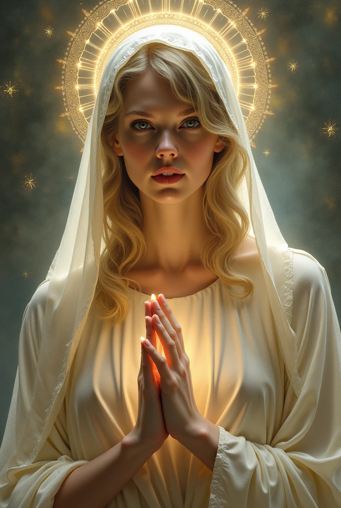 Imagine Taylor Swift as our Blessed Virgin Mary, creates a painting where Taylor looks face to face and tenderly at the viewer, Taylor is in the game, mystical.