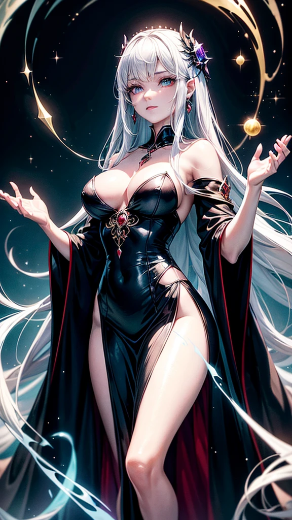 Create a semi-realistic, stylized image of a powerful, stunning witch. She must look young and beautiful, with luminous skin and long, shiny hair in a deep shade like black or red. The witch is dressed in an elegant and sophisticated robe, adorned with magical details. She is casting magic, with a luminous aura and beams of magical energy emanating from his hands. The background should be mystical and enchanting, with subtle magical effects and an atmosphere of power and beauty.