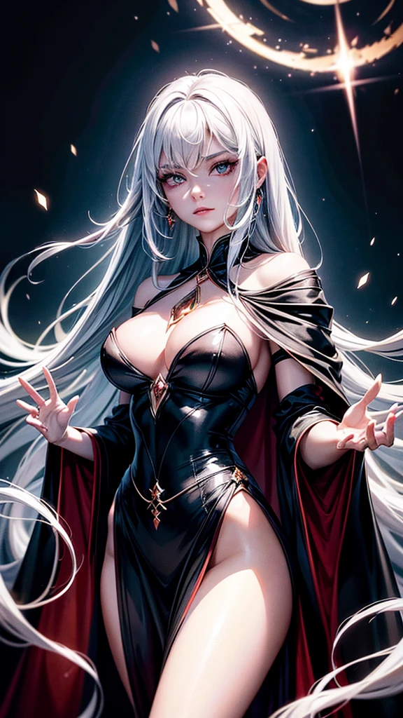 Create a semi-realistic, stylized image of a powerful, stunning witch. She must look young and beautiful, with luminous skin and long, shiny hair in a deep shade like black or red. The witch is dressed in an elegant and sophisticated robe, adorned with magical details. She is casting magic, with a luminous aura and beams of magical energy emanating from his hands. The background should be mystical and enchanting, with subtle magical effects and an atmosphere of power and beauty.